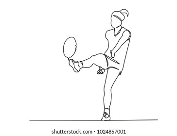 one continuous drawn line of a girl playing rugby drawn from a hand picture silhouette. Line art. team of girls playing rugby ball