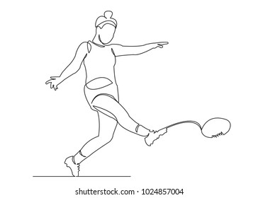 one continuous drawn line of a girl playing rugby drawn from a hand picture silhouette. Line art. team of girls playing rugby ball