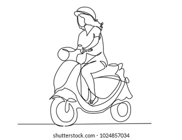 one continuous drawn line girl on a scooter drawn from a hand picture silhouette. Line art. fashionable girl on a moped