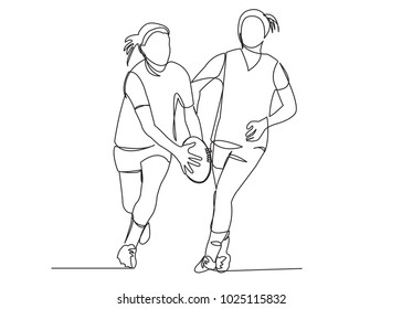 one continuous drawn line of a girl playing rugby drawn from a hand picture silhouette. Line art. team of girls playing rugby ball