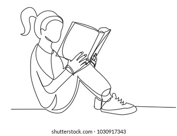 One Continuous Drawn Line Girl Reading A Book Hand-drawn Picture Silhouette.Line Art. Character Child Reads. Single Line