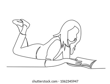 one continuous drawn line girl reading a book hand-drawn picture silhouette.Line art. character child reads. single line