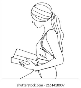 One continuous drawn line girl reading a book hand-drawn picture silhouette.Line art. Character child reads. single line