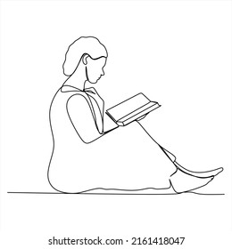 One continuous drawn line girl reading a book hand-drawn picture silhouette.Line art. Character child reads. single line