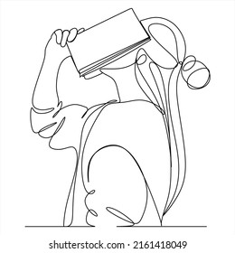 One continuous drawn line girl reading a book hand-drawn picture silhouette.Line art. Character child reads. single line