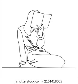 One continuous drawn line girl reading a book hand-drawn picture silhouette.Line art. Character child reads. single line