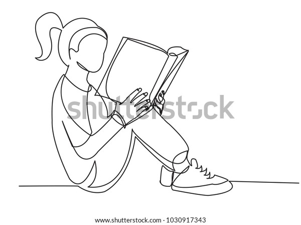 One Continuous Drawn Line Girl Reading Stock Vector (Royalty Free ...