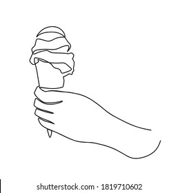 One continuous drawn line of ice cream horn drawn by hand picture silhouette. line art. ice cream cone in hand. Continuous line drawing of hand holding ice cream cone
