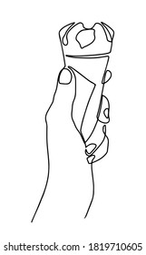 Una línea traza continua de cuerno de helado dibujado con silueta de imagen a mano. arte de la línea. cono de helado en la mano. Dibujo continuo de línea de mano sosteniendo cono de helado