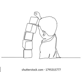 One continuous drawn line of the kid playing with toy cubes drawn from the hand a picture of the silhouette. Line art. character of the child playing with toys.