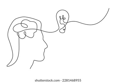 One continuous drawn line of a man thinking with a light bulb in front of his head. Allegory of solution and creative search. Idea and creativity minimalism concept.