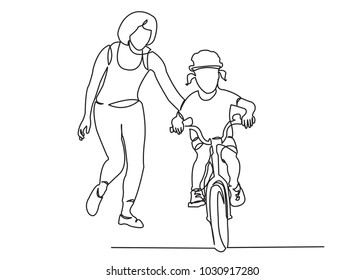 one continuous drawn line mom teaches her daughter to ride a bicycle hand-drawn picture silhouette.Line art. the character of a woman with her daughter riding a bicycle. single line