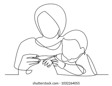 one continuous drawn line of a mom measuring the temperature of her child drawn by hand a picture of the silhouette. Line art. single line taking care of the baby