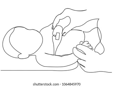 one continuous drawn line of a mom measuring the temperature of her child drawn by hand a picture of the silhouette. Line art. single line taking care of the baby