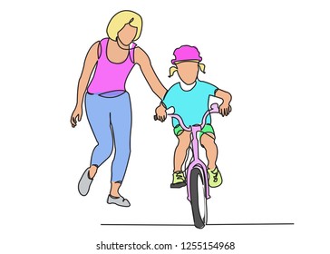 one continuous drawn line mom teaches her daughter to ride a bicycle hand-drawn picture silhouette.Line art the character of a woman with her daughter riding a bicycle. single line color illustration 
