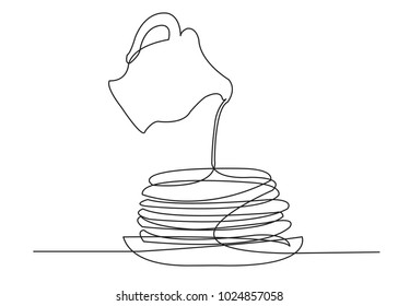 one continuous drawn line of pancakes on plates syrup-drawn hand-drawn picture silhouette. Line art. carnival, pancakes