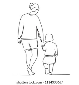 one continuous drawn line of parents walk with the kid drawn from the hand a picture of the silhouette. Line art. character mommy daddy and baby
