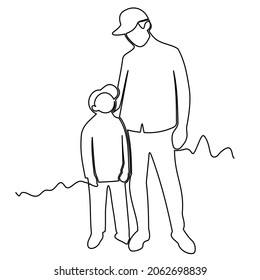 one continuous drawn line of parents walk with the kid drawn from the hand a picture of the silhouette. Line art. character daddy and child