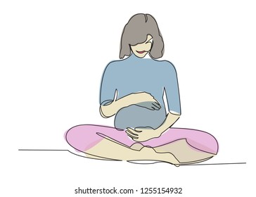 one continuous drawn line of pregnancy painted by hand silhouette picture. Line art. character woman pregnant woman color illustration, female character