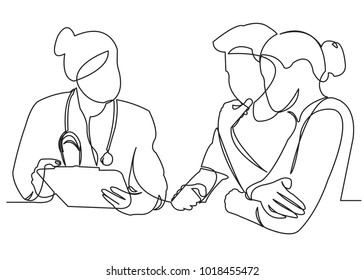 one continuous drawn line pregnant woman family at a doctor's reception painted by hand silhouette picture. Line art. character woman at a doctor's appointment, couple at a doctor's reception