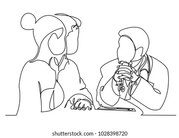 one continuous drawn line pregnant woman family at a doctor's reception painted by hand silhouette picture. Line art. character woman at a doctor's appointment, couple at a doctor's reception