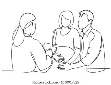 one continuous drawn line pregnant woman family at a doctor's reception painted by hand silhouette picture. Line art. character woman at a doctor's appointment, couple at a doctor's reception