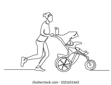 one continuous drawn line running with a stroller drawn from the hand a picture of the silhouette. Line art. character female girl running around with a stroller exercising with a newborn baby
