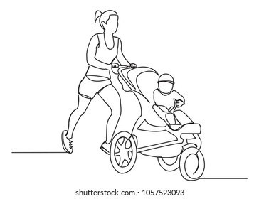 one continuous drawn line running with a stroller drawn from the hand a picture of the silhouette. Line art. character female girl running around with a stroller exercising with a newborn baby