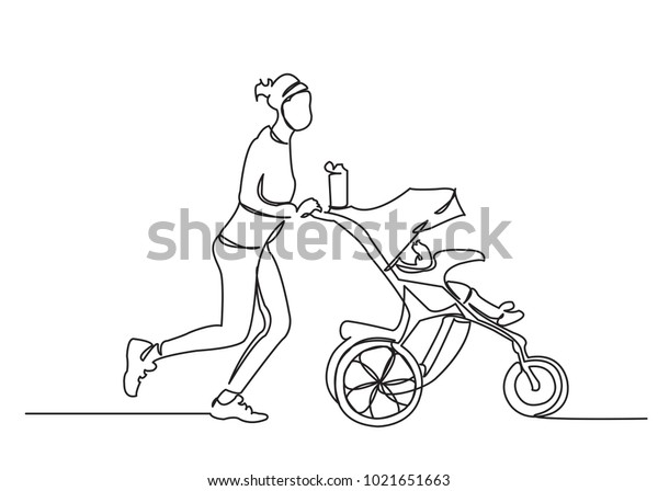one continuous drawn line running with a stroller\
drawn from the hand a picture of the silhouette. Line art.\
character female girl running around with a stroller exercising\
with a newborn baby\
