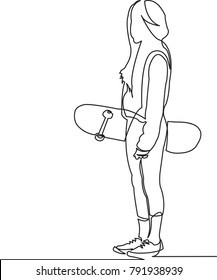 one continuous drawn line skateboard drawn by hand picture silhouette  Line art  character woman  girl  sketchboarder 