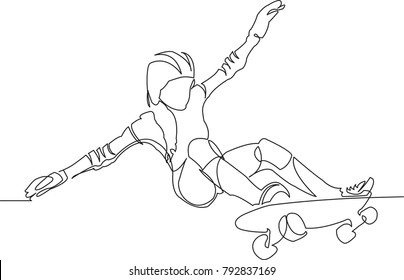 one continuous drawn line skateboard drawn by hand picture silhouette  Line art  character woman  girl