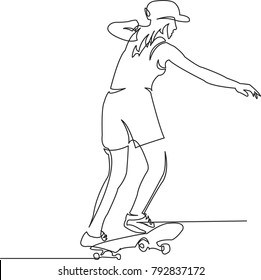 one continuous drawn line skateboard drawn by hand picture silhouette  Line art  character woman  girl 