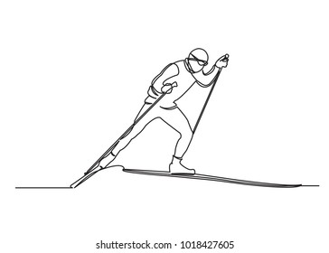 one continuous drawn line skier painted by hand silhouette picture. Line art. character male skier athlete