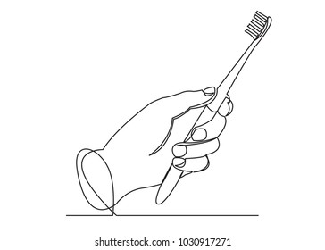 one continuous drawn line of toothbrush in hand hand-drawn picture silhouette.Line art. single line