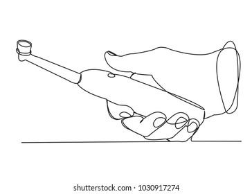 one continuous drawn line of toothbrush in hand hand-drawn picture silhouette.Line art. single line
