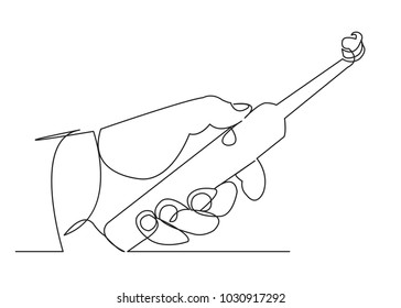 one continuous drawn line of toothbrush in hand hand-drawn picture silhouette.Line art. single line