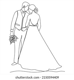 one continuous drawn line wedding drawn from the hand picture silhouette. line art. The characters of the bride and groom of the husband and wife are married