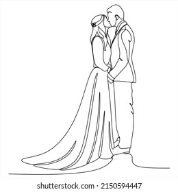 one continuous drawn line wedding drawn from the hand picture silhouette. line art. The characters of the bride and groom of the husband and wife are married