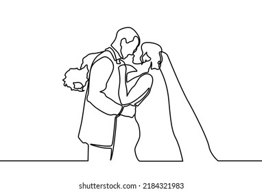 One Continuous Drawn Line Wedding Drawn From The Hand Picture Silhouette. Line Art. The Characters Of The Bride And Groom Of The Husband And Wife Are Married.