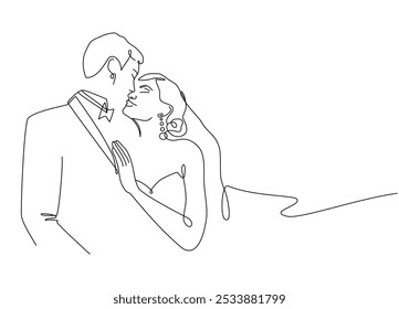 One continuous drawn line wedding drawn silhouette. One line art. The characters of the bride and groom of the husband and wife are married