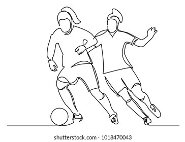 one continuous drawn line of a woman soccer player from a hand picture silhouette. Line art. character of a woman hitting the ball