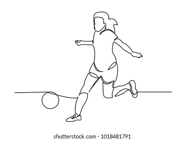 one continuous drawn line of a woman soccer player from a hand picture silhouette. Line art. character of a woman hitting the ball