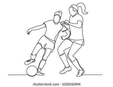 one continuous drawn line of a woman soccer player from a hand picture silhouette. Line art. character of a woman hitting the ball