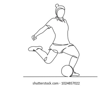 one continuous drawn line of a woman soccer player from a hand picture silhouette. Line art. character of a woman hitting the ball