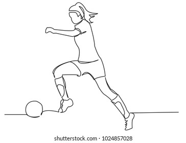 one continuous drawn line of a woman soccer player from a hand picture silhouette. Line art. character of a woman hitting the ball
