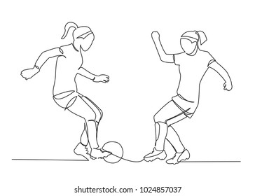 one continuous drawn line of a woman soccer player from a hand picture silhouette. Line art. character of a woman hitting the ball