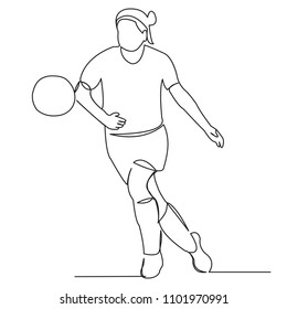 one continuous drawn line of a woman soccer player from a hand picture silhouette. Line art. character of a woman hitting the ball
