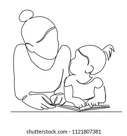 one continuous drawn line of a woman with a child in her arms reads a book painted by hand picture silhouette. Line art. single line character woman mother with children