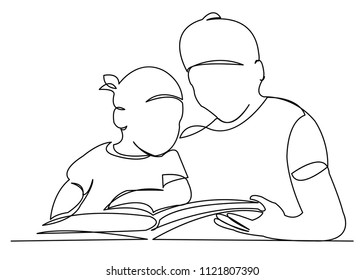 one continuous drawn line of a woman with a child in her arms reads a book painted by hand picture silhouette. Line art. single line character woman mother with children