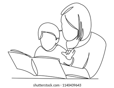 one continuous drawn line of a woman with a child in her arms reads a book painted by hand picture silhouette. Line art. single line character woman mother with children